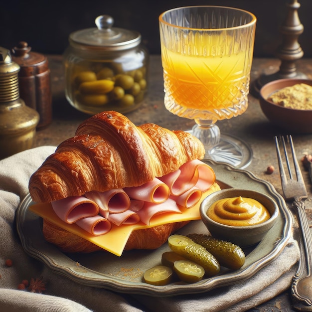 Photo a classic ham and cheese croissant sandwich