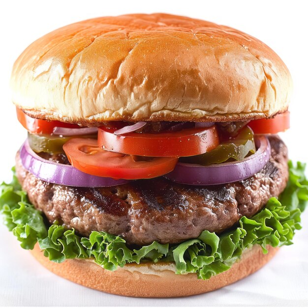 Photo classic hamburger with fresh tomatoes onions and lettuce