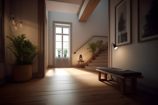 Foto interno classico della casa con finestra, scale, pianta in vaso e panca rete neurale generata nel maggio 2023 non basata su alcuna scena o modello reale