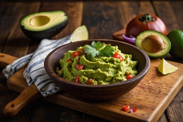 Classic Homemade Guacamole on Wooden Board