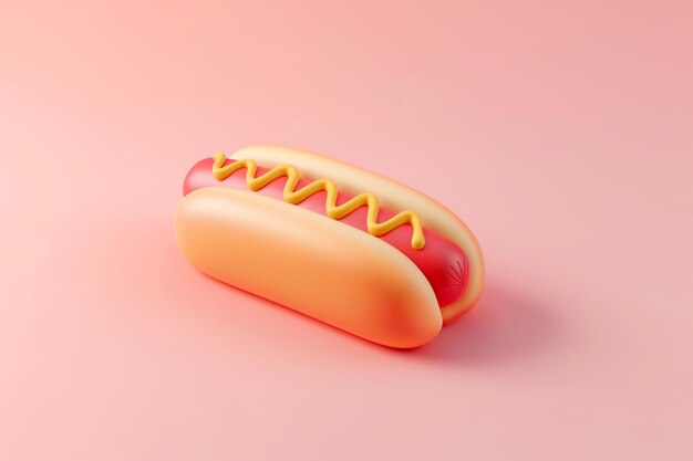 Classic hot dog with mustard 3d render on pastel background Abstract fast food minimalist junk food concept Traditional street fast food hotdog icon