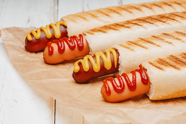 Classic hot dog with mustard and ketchup 