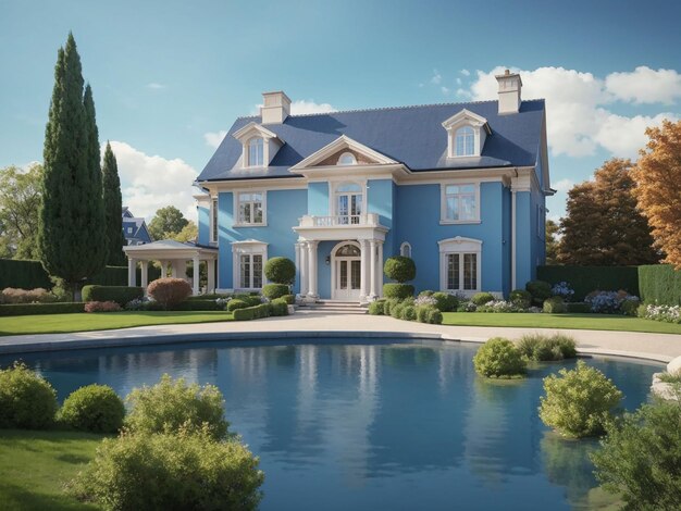 Photo classic house exterior with pond and landscape on blue background