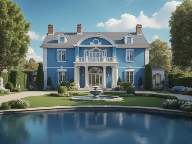 Classic house exterior with pond and landscape on blue background