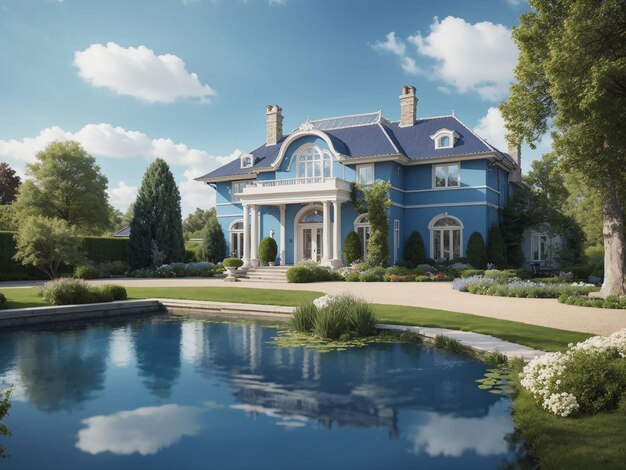 Classic house exterior with pond and landscape on blue background