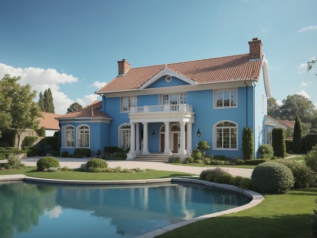 Classic house exterior with pond and landscape on blue background