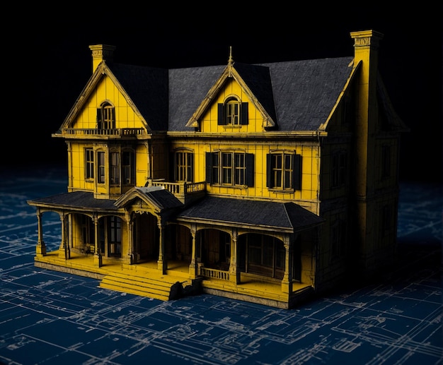 Classic house model on blueprint black and yellow