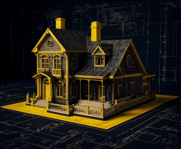 Classic house model on blueprint black and yellow