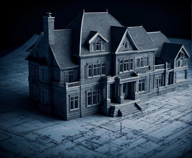 Classic house model on blueprint black