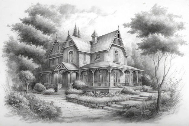 Classic house surrounded by lush greenery in pencil sketch