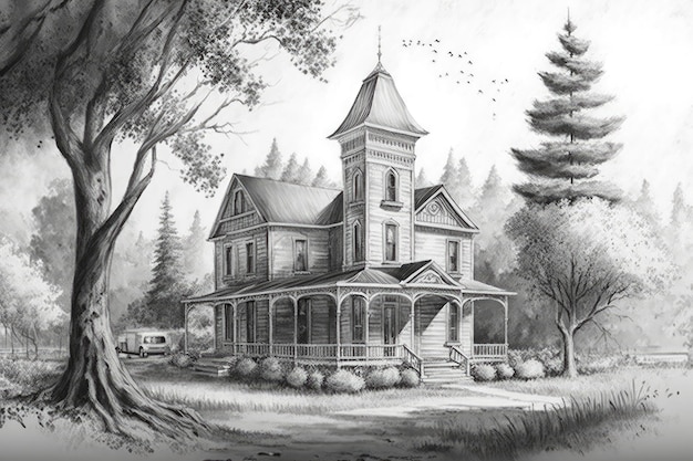 Classic house surrounded by towering trees in pencil sketch illustration