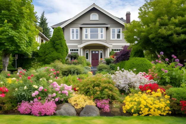 Классический дом с цветочным садом в солнечный летний день в стиле американской мечты Нейронная сеть генерирует изображение