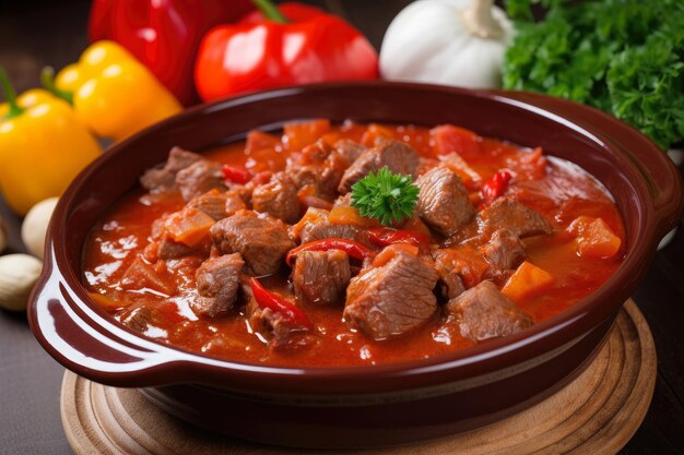 Classic Hungarian goulash with tender beef diced tomatoes and bell peppers in a thick