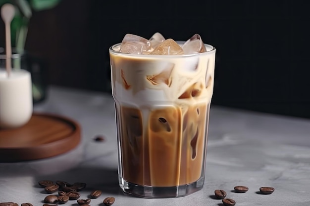 生成 AI で作成された手描きのデザインが施された白いカップに入ったクラシックなアイス コーヒー ラテ