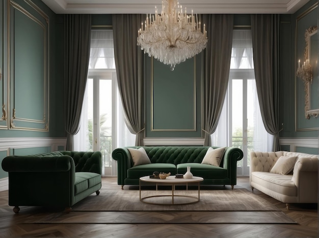 Classic interior design of living room with green velvet tufted sofa and two beige armchairs