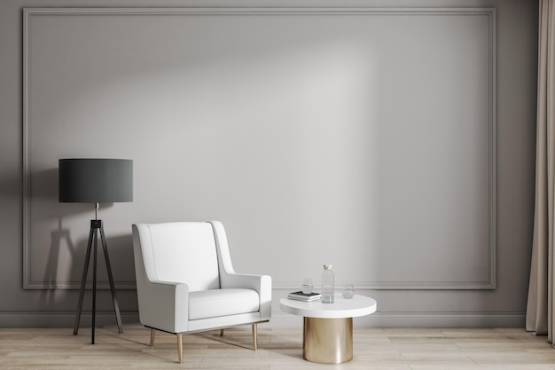 Classic interior design in sunny leaving room with white armchair black floor stand lamp and modern coffee table on gold table leg