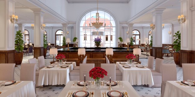 Classic Interior of a hotel restaurant. 3d rendering