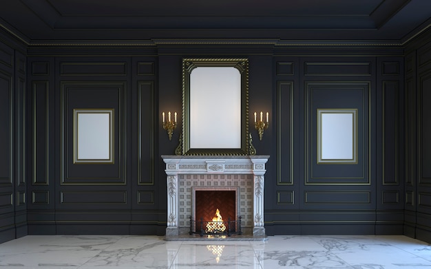 A classic interior is in dark tones with fireplace. 3d rendering.