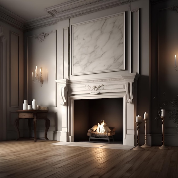 Классический интерьер гостиной с камином и настенными свечами