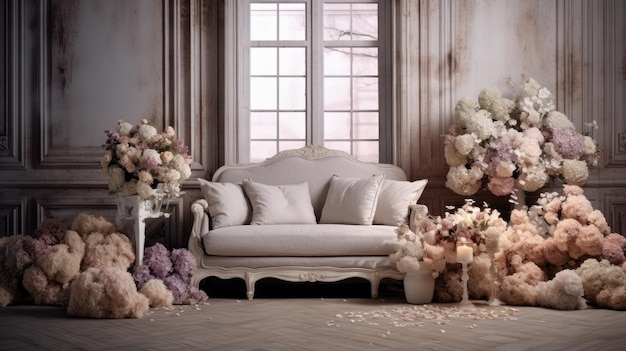 The classic interior of a mansion is decorated with large bouquets of dry hydrangea