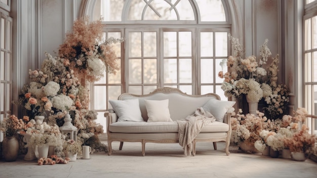 The classic interior of a mansion is decorated with large bouquets of dry hydrangea