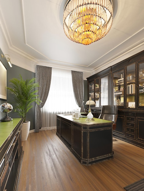 Classic interior study cabinet with a study table bookcase with shelves and a leather sofa