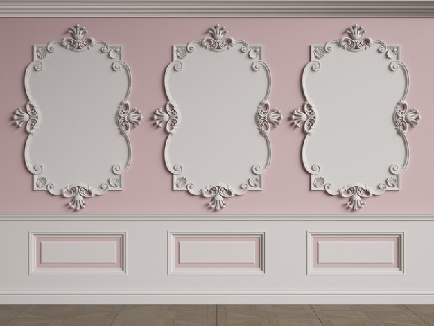 Classic interior wall with mouldings.Floor parquet herringbone.Digital illustration.3d rendering