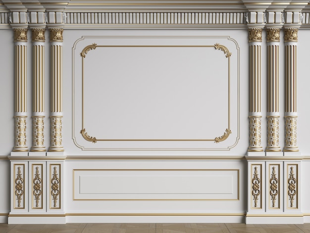 Classic interior wall with mouldings.Floor parquet herringbone.Digital illustration.3d rendering