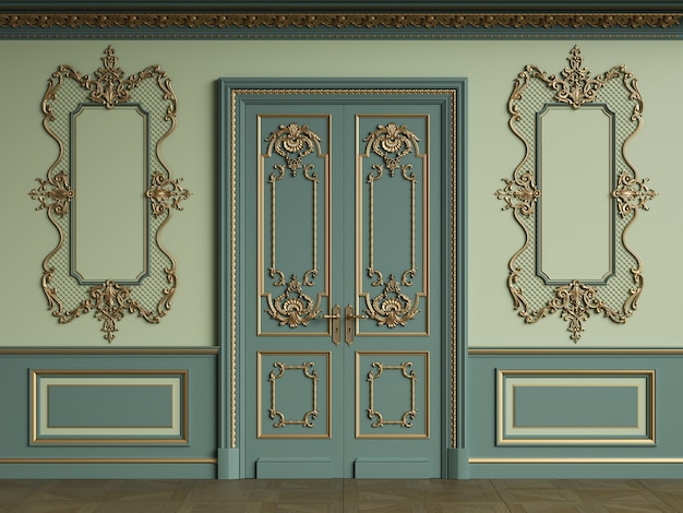 Classic interior wall with mouldings.Floor parquet herringbone.Digital illustration.3d rendering