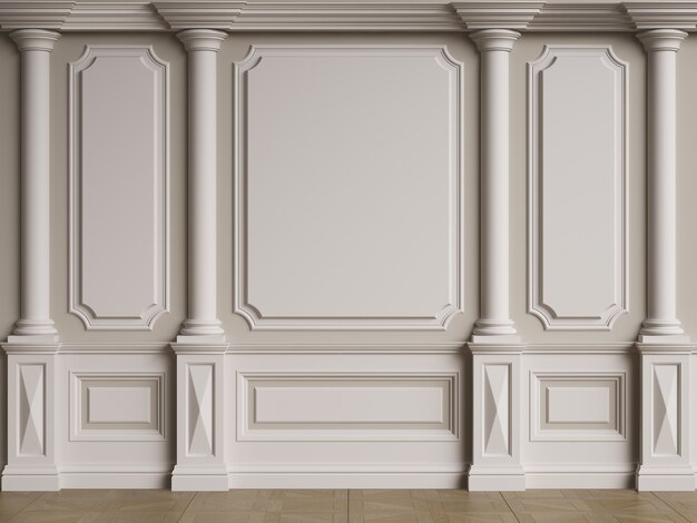 Classic interior wall with mouldings.Floor parquet herringbone.Digital illustration.3d rendering