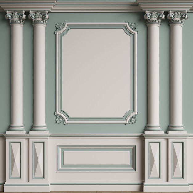 Classic interior wall with mouldings.Floor parquet herringbone.Digital illustration.3d rendering