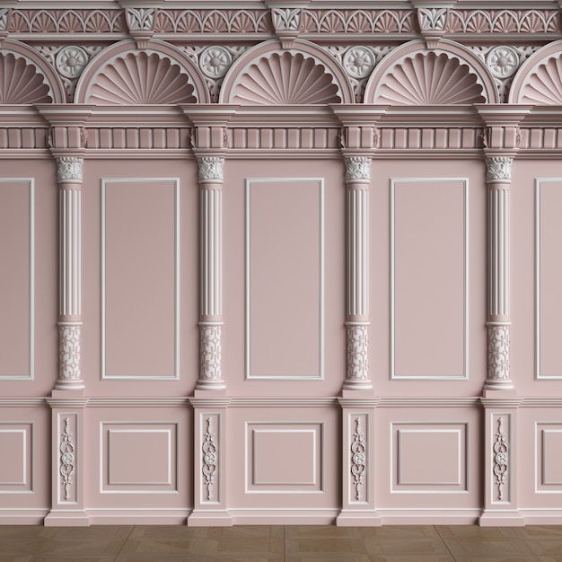 Classic interior wall with mouldings.Floor parquet herringbone.Digital illustration.3d rendering