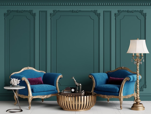 Classic interior with blue armchairs and floor lamp