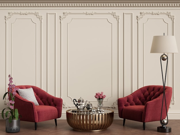 Classic interior with red armchairs and floor lamp