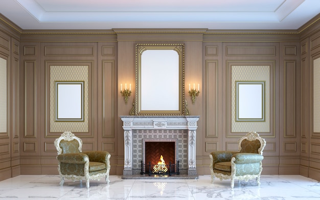 A classic interior with wood paneling and fireplace. 3d render.