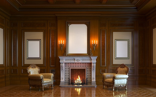 Foto un interno classico con pannelli in legno e camino. rendering 3d
