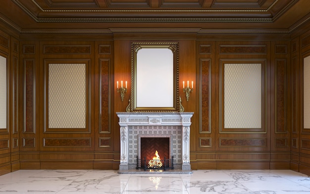 A classic interior with wood paneling and fireplace. 3d rendering.