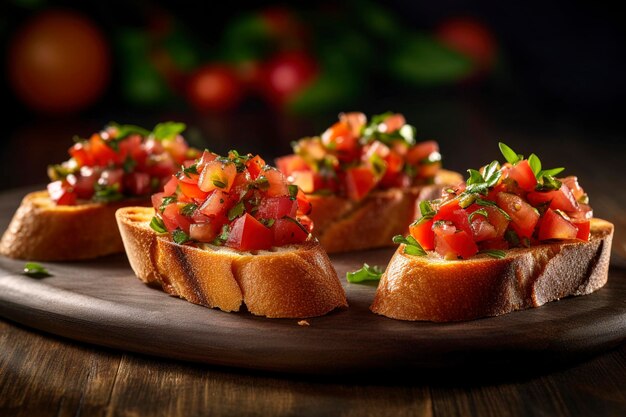 Classic Italian Bruschettas are served on a wooden board