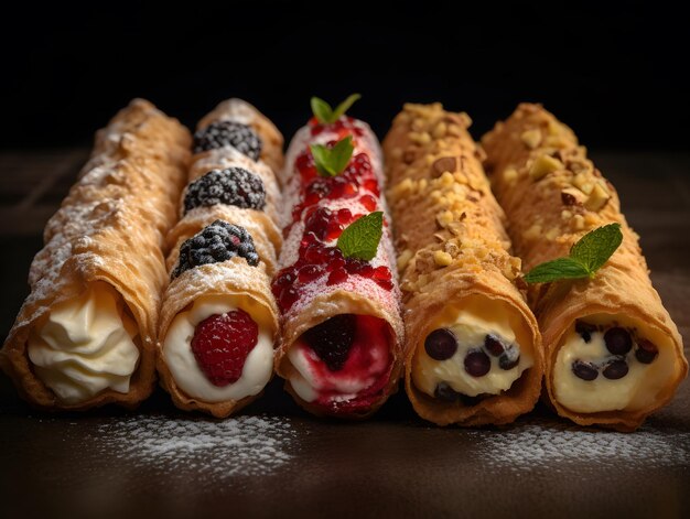 Classic Italian cannoli made with crispy pastry and ricotta cheese filling Generative AI