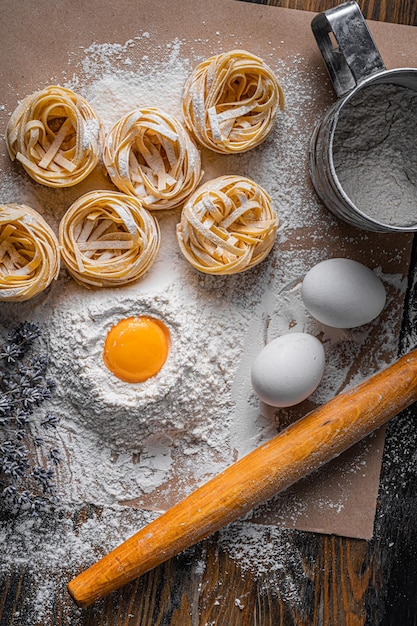 Classic Italian fettuccine pasta made at home according to traditional Italian recipes