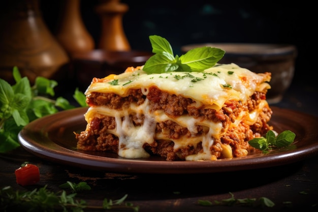 Photo classic italian lasagna with ground meat and cheese on a wooden backdrop