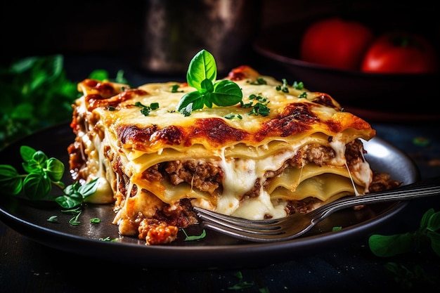 Classic italian lasagna with layers of pasta on black plate on table on dark background neural