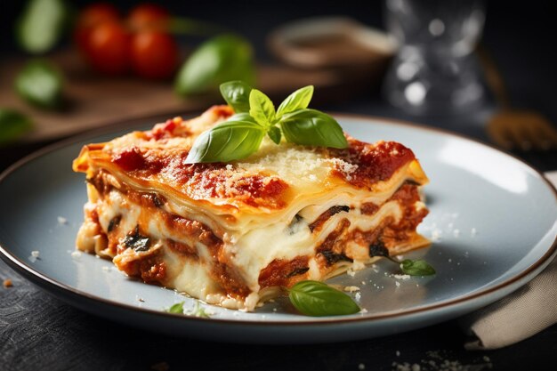 Classic italian lasagna with layers of pasta on black plate on table on dark background neural