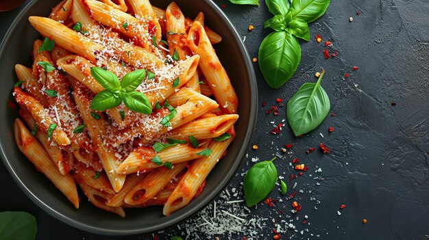 고전적인 이탈리아 파스타 penne alla arrabiata 바질과 신선한 파르메잔 치즈와 함께 어두운 테이블에