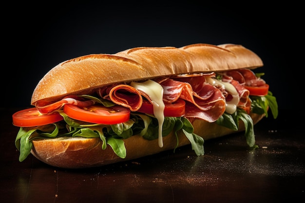 Photo classic italian sub with sliced salami ham and pepperoni on fresh baguette