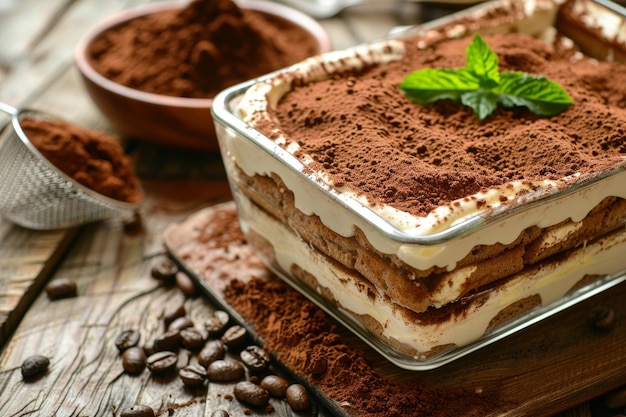 Photo classic italian tiramisu with coffee soaked ladyfingers and mascarpone cocoa powder in glass dish