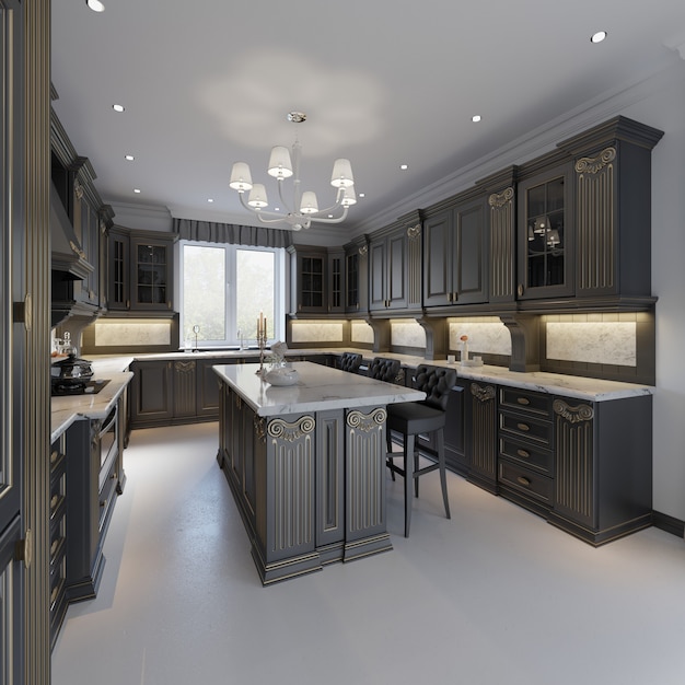 Cucina classica, interni dal design minimale moderno con dettagli in legno, rendering 3d