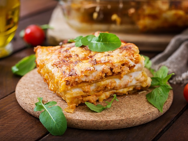 Photo classic lasagna with bolognese sauce.