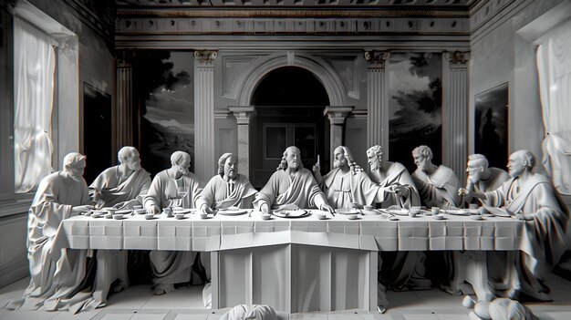 Classic Last Supper Scene in Monochrome Artistic Rendering of a Historical Painting Ideal for Use in Projects on Religion and Art History AI