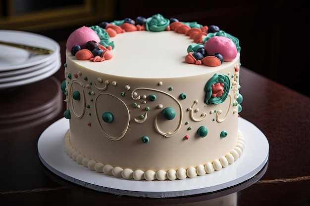 Classic layer cake with smooth buttercream frosting and fondant accents created with generative ai